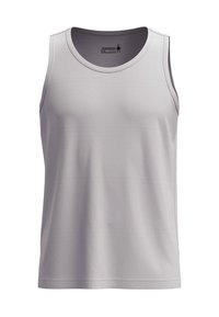 Hellgraues, ärmelloses Tanktop mit strukturiertem Muster, rundem Ausschnitt und leicht lockerer Passform. Aus atmungsaktiver Stoff gefertigt.