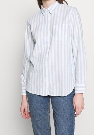 Person iført en langærmet, lyseblå og hvide lodrette stribet skjorte med brystlomme og denimjeans.