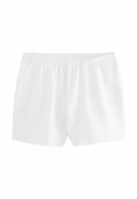Shorts bianchi in cotone con vita elastica, dotati di due tasche laterali e una texture morbida e liscia. Design semplice senza motivi.