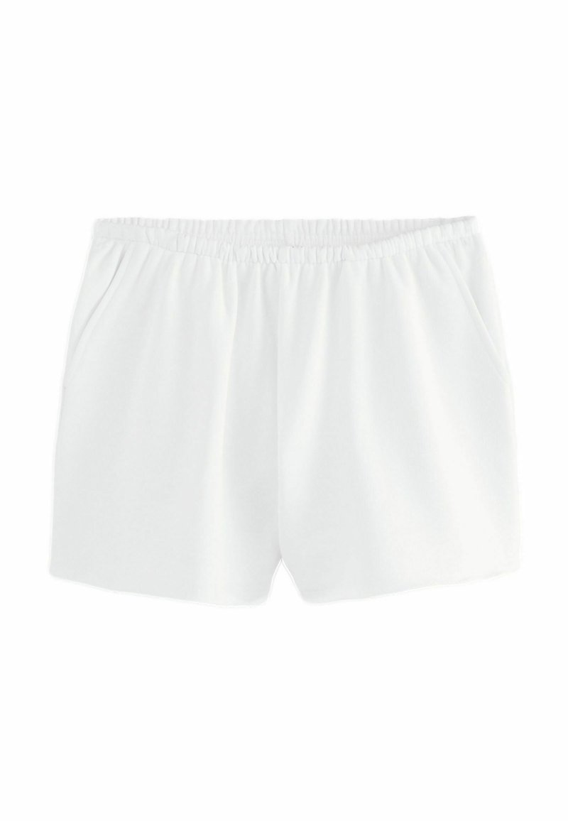 Shorts bianchi in cotone con vita elastica, dotati di due tasche laterali e una texture morbida e liscia. Design semplice senza motivi.