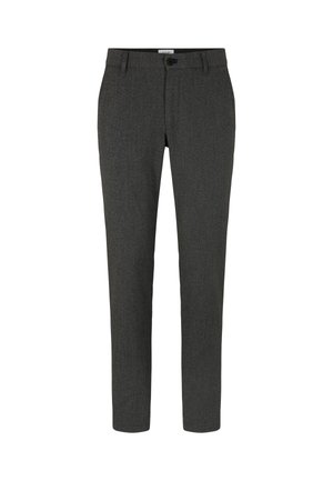 Dunkelgraue, maßgeschneiderte Herrenhose mit Gürtelschlaufen, Knopfverschluss und Fronttaschen, auf weißem Hintergrund präsentiert.