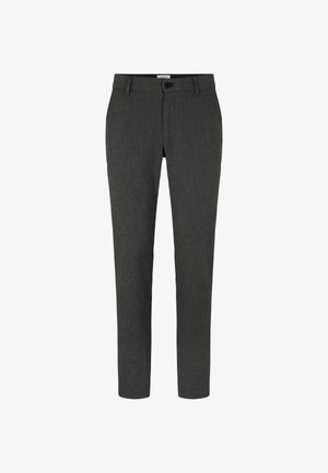 Dunkelgraue, maßgeschneiderte Herrenhose mit Gürtelschlaufen, Knopfverschluss und Fronttaschen, auf weißem Hintergrund präsentiert.