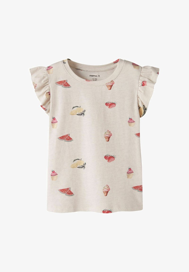 T-shirt crème pour tout-petit avec manches courtes volantées et imprimés pastèque, fraises, citron, cupcakes et cornets de glace.