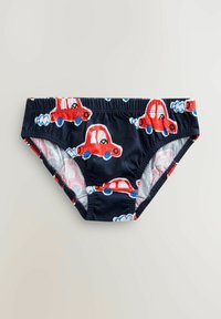 Bikini bund i marineblå stof med mønster af røde biler og hvide skyer, elastisk talje, indsamlede sider og blød inderside.