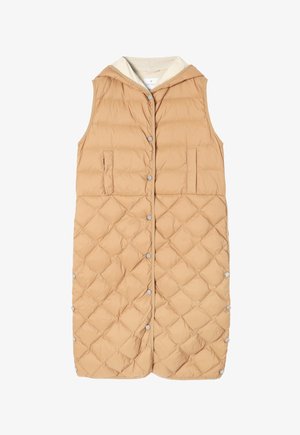 Kreemjatine ilma varrukateta puffjakki, millel on kapuuts, spidomeetrikaan ja külgedel kaks taskut ning ees nupud. Sujuv tekstuur.