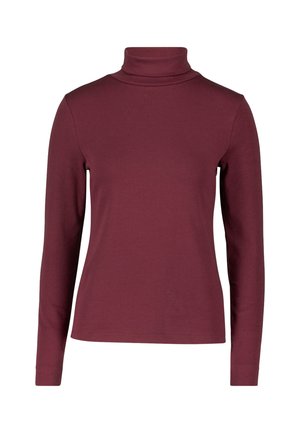 Haut à col roulé pour femmes à manches longues en bordeaux uni, coupe ajustée avec une texture de tissu lisse et uniforme.