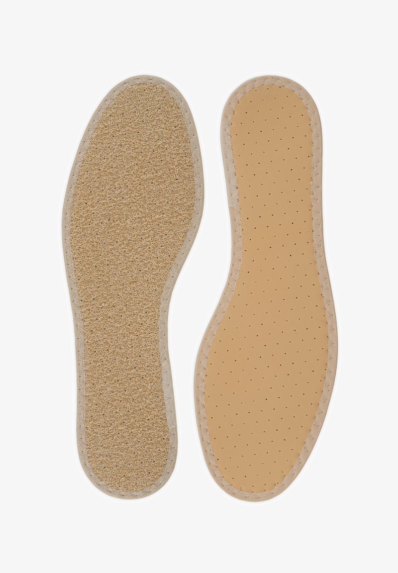 Bež podloge z teksturirano površino na eni strani in gladko, perforirano površino na drugi, obrobljene s bež robom.