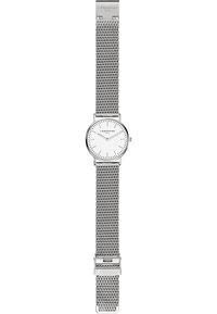 Silberne Mesh-Armbanduhr mit einem runden weißen Zifferblatt, minimalistischen Stundenmarkierungen und einem Edelstahlverschluss. Markennamen auf dem Zifferblatt.