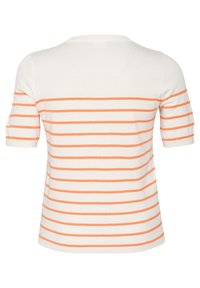 White knit top with short sleeves, featuring horizontal orange stripes. Soft texture with a rounded neckline and slightly fitted shape.