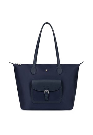 Borsa a tracolla blu navy in nylon con due spallacci, una tasca con patta frontale e dettagli di cerniera argento. Texture liscia, design minimalista.