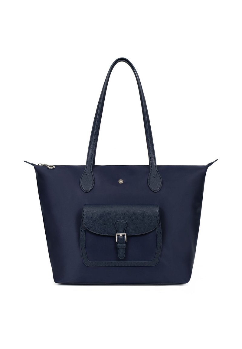 Granatowa torba na ramię wykonana z nylonu, z dwoma paskami na ramię, przednią kieszenią z klapą i srebrnym zamkiem błyskawicznym. Gładka tekstura, minimalistyczny design.