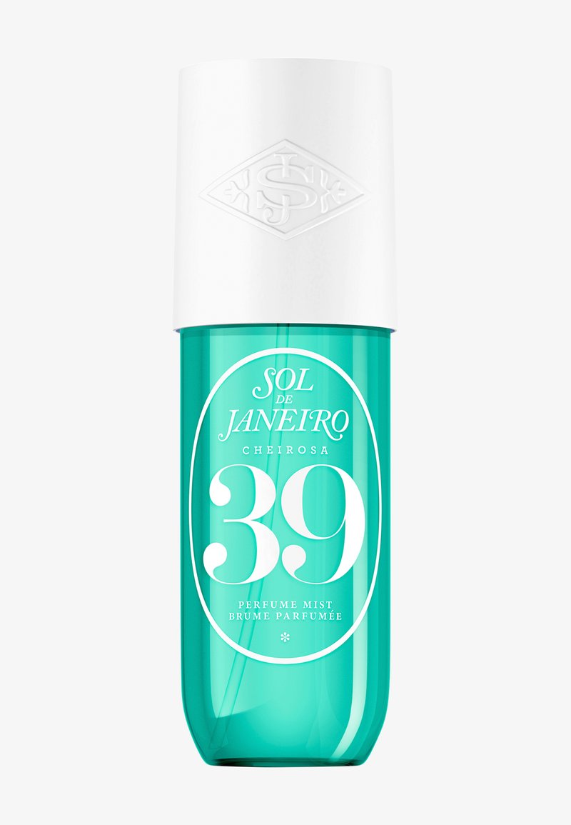 Turquoise Sol de Janeiro Cheirosa 39 parfyme mistsprayflaske med hvit hette og hvit trykt tekst.