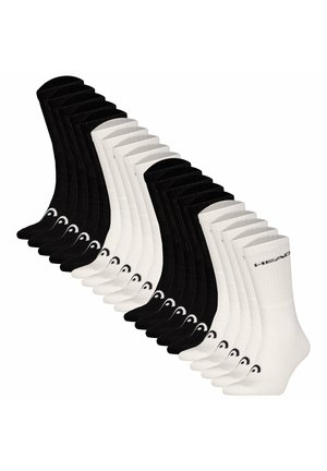 Gestapelte Paare von schwarz-weißen Socken bis zur Mitte der Wade, diagonal angeordnet, wechselnde Farben, mit kleinem Logo nahe den Zehen und Text auf der Bündchen.