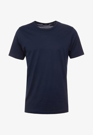 Tumed sinine puuvillane T-särk, millel on ümmargune kaelus ja lühikesed varrukad. Pehme tekstuur ja lihtne disain, ilma mustrite ja kaunistusteta.