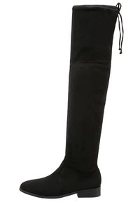 Botas negras hasta el muslo de suave ante, con forma ajustada, tacón plano y un lazo ajustable en la parte superior para un ajuste seguro.