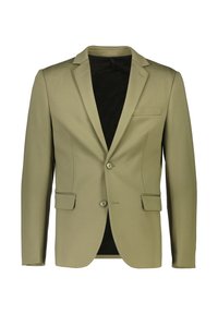Olivgrüner Blazer aus glattem Stoff, mit zwei Fronttaschen, Reverskragen, zwei Knöpfen und einer einzelnen Brusttasche.