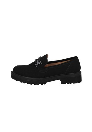 Mocassin en daim noir avec une sangle décorative et un accent métallique rectangulaire, semelle en caoutchouc épaisse avec un profil texturé pour une meilleure adhérence.