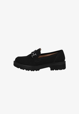 Mocassin en daim noir avec une sangle décorative et un accent métallique rectangulaire, semelle en caoutchouc épaisse avec un profil texturé pour une meilleure adhérence.