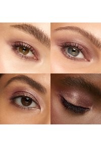 Neljän lähikuvan silmistä, joissa esitellään erilaisia luomivärisävyjä, mukaan lukien metalliset ja mattaiset pinnat, erilaisilla ripsityyleillä ja kulmakarvojen muodoilla.