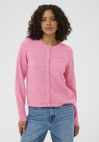 Pink wool-blend cardigan with a round neck, long sleeves, and front buttons featuring shiny accents. Soft texture with a relaxed fit.