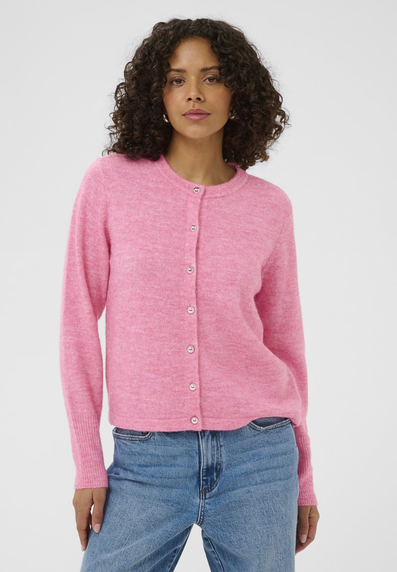 Pink wool-blend cardigan with a round neck, long sleeves, and front buttons featuring shiny accents. Soft texture with a relaxed fit.