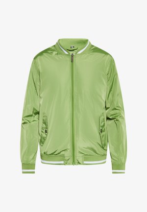 Zielona kurtka bombka wykonana z błyszczącego materiału. Posiada zamek błyskawiczny, dwie boczne kieszenie oraz białe paski na kołnierzu i mankietach.