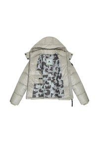 Giacca a vento leggera grigia con cappuccio, chiusura con zip e due tasche. L'interno presenta un motivo camouflage grigio su sfondo bianco.