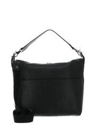 Sac à main en cuir noir à finition texturée, doté d'une poignée supérieure et d'une bandoulière amovible, ainsi que d'une poche avant zippée.