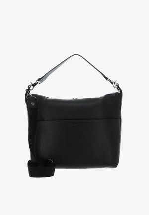 Borsa a mano in pelle nera con una finitura testurizzata, dotata di manico superiore e tracolla rimovibile, con dettaglio di tasca frontale con zip.