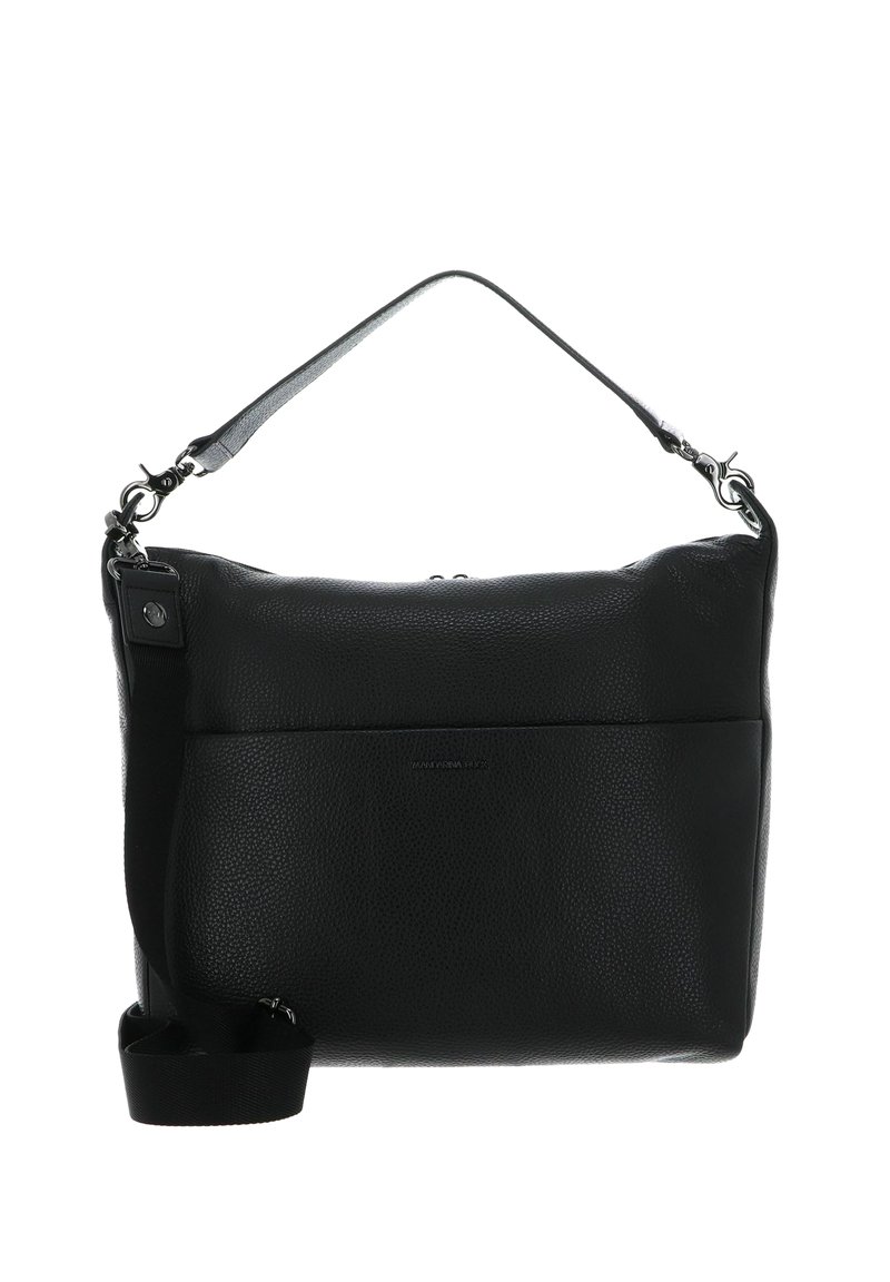 Sac à main en cuir noir à finition texturée, doté d'une poignée supérieure et d'une bandoulière amovible, ainsi que d'une poche avant zippée.