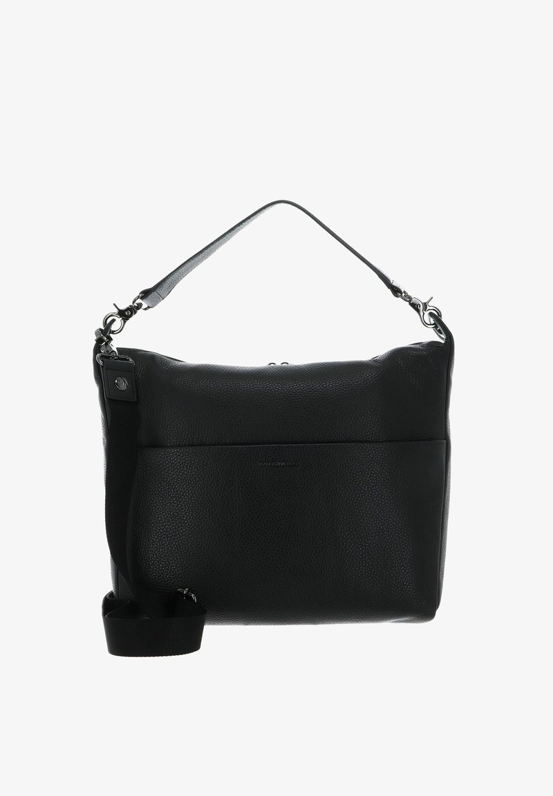 Sac à main en cuir noir à finition texturée, doté d'une poignée supérieure et d'une bandoulière amovible, ainsi que d'une poche avant zippée.