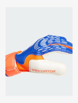 Gant de gardien de but avec matériau en latex bleu et orange, grip texturé et rembourrage blanc. Logo "PREDATOR" affiché en orange.