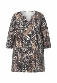 Lässiges Oberteil mit V-Ausschnitt und dreiviertel Ärmeln. Hergestellt aus einem Stoff mit einem mehrfarbigen Tierdruck in Braun, Schwarz und Creme.