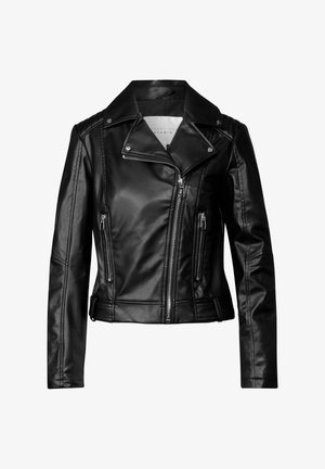 Černá kožená moto bunda s krátkým střihem, šikmým předním zipem, několika zipovými kapsami a širokým klopami. Hladká, lesklá textura.