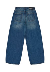 Blue denim wide-leg jeans featuring a mid-rise waist, two back pockets, and a raw edge hem. Soft texture with a faded finish.
