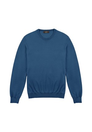 Blue knitted sweater with a round neck, long sleeves, and ribbed cuffs and hem. Smooth texture, no patterns or additional details present.