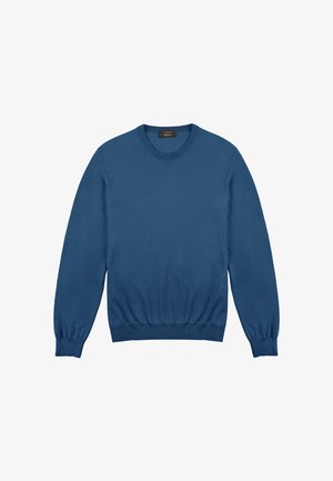 Jersey azul de punto con cuello redondo, mangas largas y puños y dobladillo acanalados. Textura suave, sin patrones ni detalles adicionales presentes.
