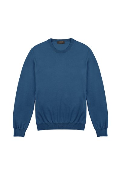 Maglione blu lavorato a maglia con collo rotondo, maniche lunghe e polsini e orlo a coste. Texture liscia, senza motivi o dettagli aggiuntivi.