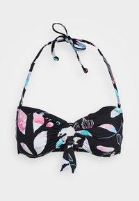 Čierny bikini top s uzlovým dizajnom v strede, s viacfarebnými listovými vzormi a nastaviteľnými šnúrkami na krku a chrbte.