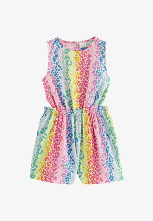 Multifarvet udenærmet romper med et regnbueleopardprint, elastisk talje og blødt stof. Funker i lyse pink, blå og grønne nuancer.