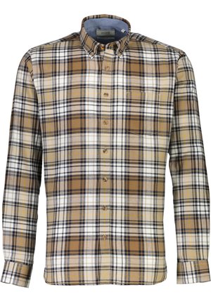 Plaid button-up shirt in brown, white, and yellow. Made of soft fabric, features a classic collar and cuffed long sleeves.