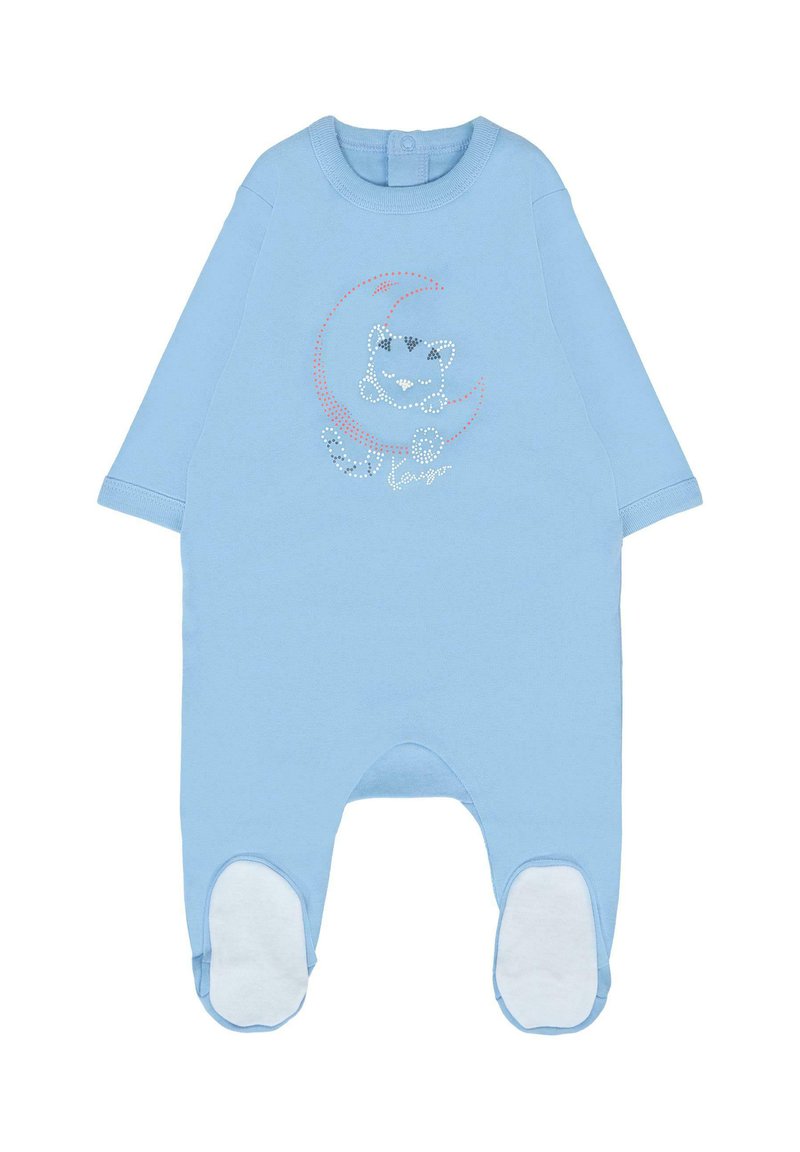 Romper per neonati in cotone azzurro chiaro con maniche lunghe, caratterizzato da una grafica di un gatto e una luna crescente, e sezioni a piedi bianchi.