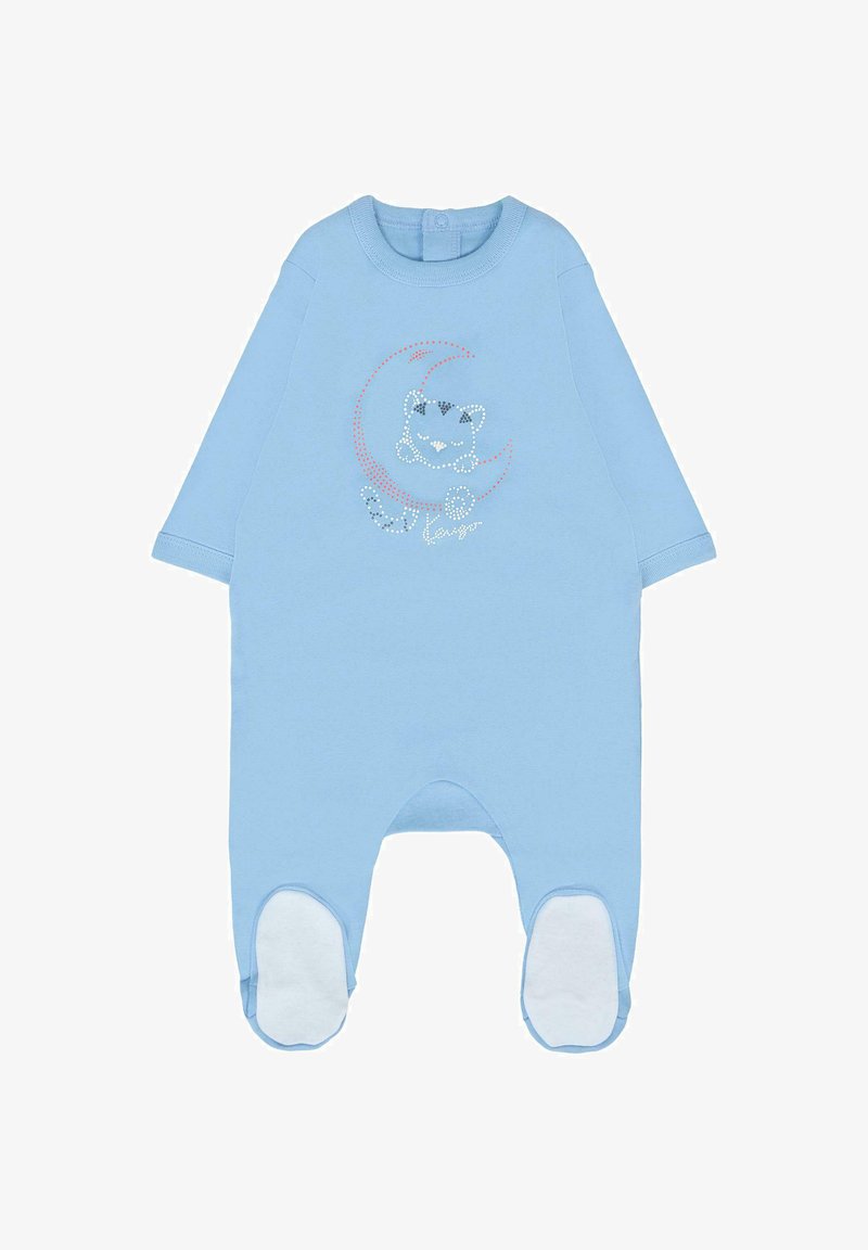 Romper per neonati in cotone azzurro chiaro con maniche lunghe, caratterizzato da una grafica di un gatto e una luna crescente, e sezioni a piedi bianchi.