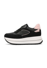 Sneaker sportive nere e rosa con una tomaia in suede e mesh, caratterizzate da una suola bianca chunky e sottili accenti texturizzati.