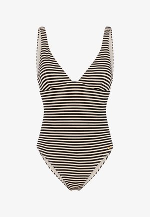 Eendelig badpak met zwart-witte horizontale strepen en een diepe V-hals.