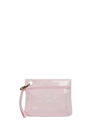 Pochette da polso rosa chiaro lucida con cerniera frontale, logo sole in rilievo e cinturino coordinato fissato con moschettone in metallo.