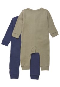 Två ribbad jumpsuit i olivgrön och marinblå. Långa ärmar, rund hals, och en knappknäppning bak med stängd nederdel.