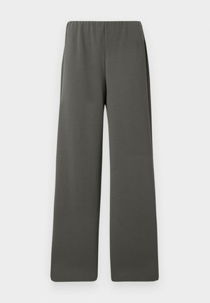 Donkergrijze hoge taille wijde broek met een elastische tailleband, plat gelegd tegen een witte achtergrond.