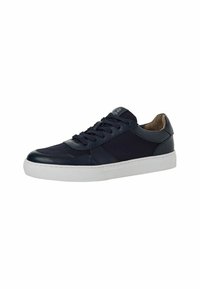 Navy blue sneaker featuring leather and mesh materials, round toe, white rubber sole, and textured accents on the sides and tongue.