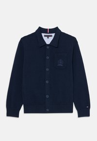 Marineblauer Strickcardigan mit einem Kragen-Design, ausgestatteten mit einer Knopfleiste, geripptem Textur und einer Brusttasche mit gesticktem Logo.